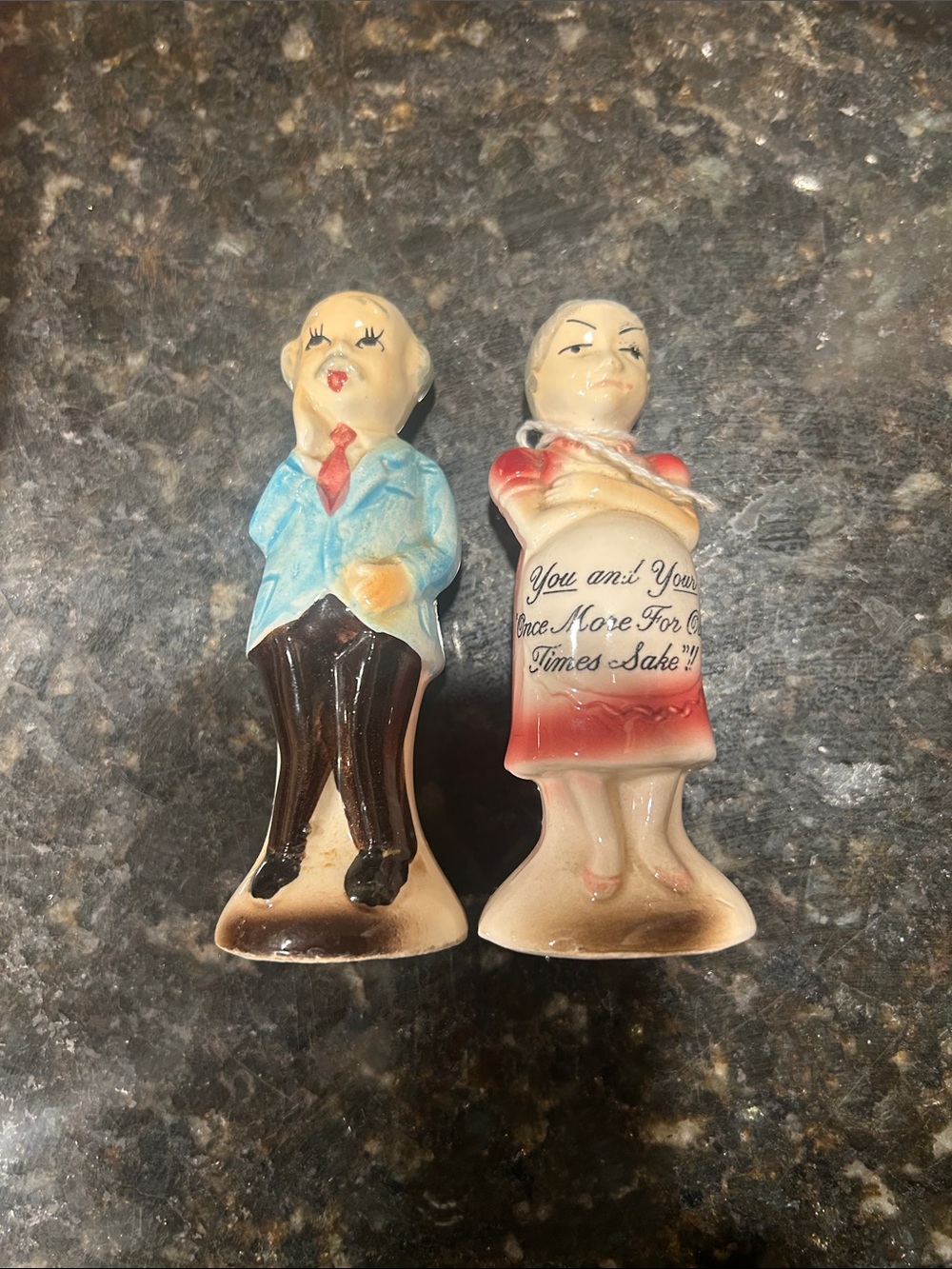 Vintage Ceramic Couple Salt and Pepper Shakers - Blue & Red